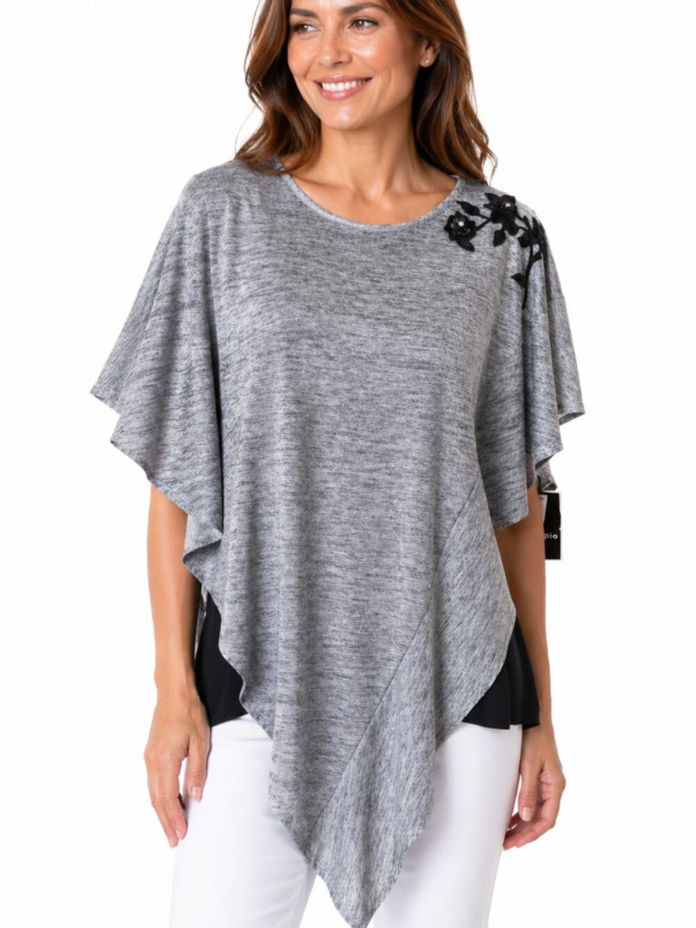 I.N. Studio Sliver Layered Poncho Top with Black Floral Appliqué Size Large